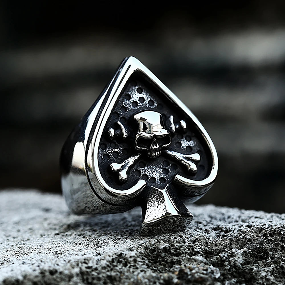 Gothic Poker Card Spades Skull Ring — 316L Stainless Steel