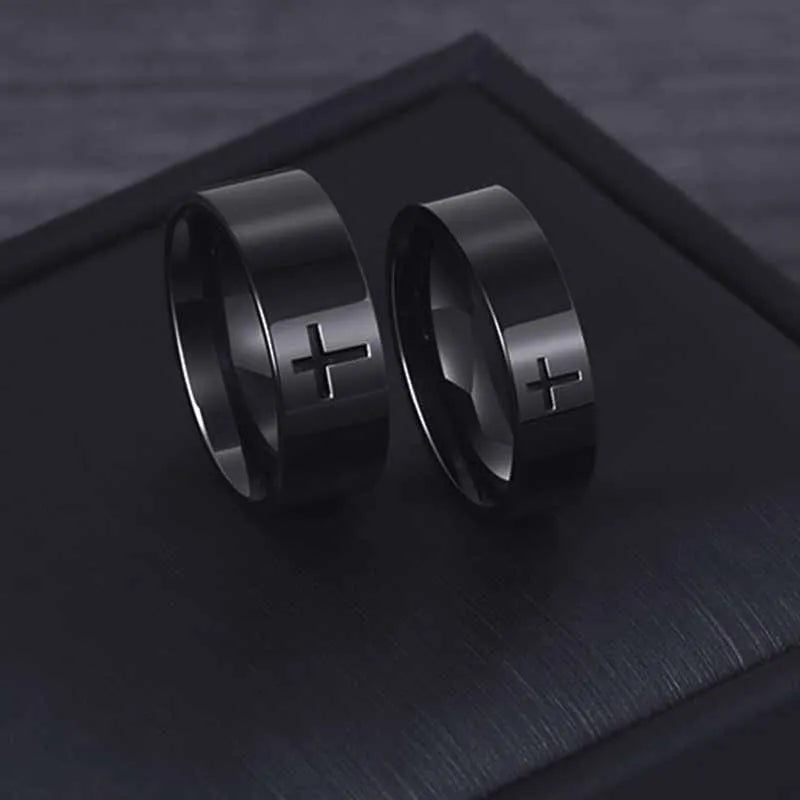 Unisex Retro Punk Style Jesus Cross Ring 6/8MM Black Silver Fashion Religious Prayer Jewelry for Men And Women Halloween Gift