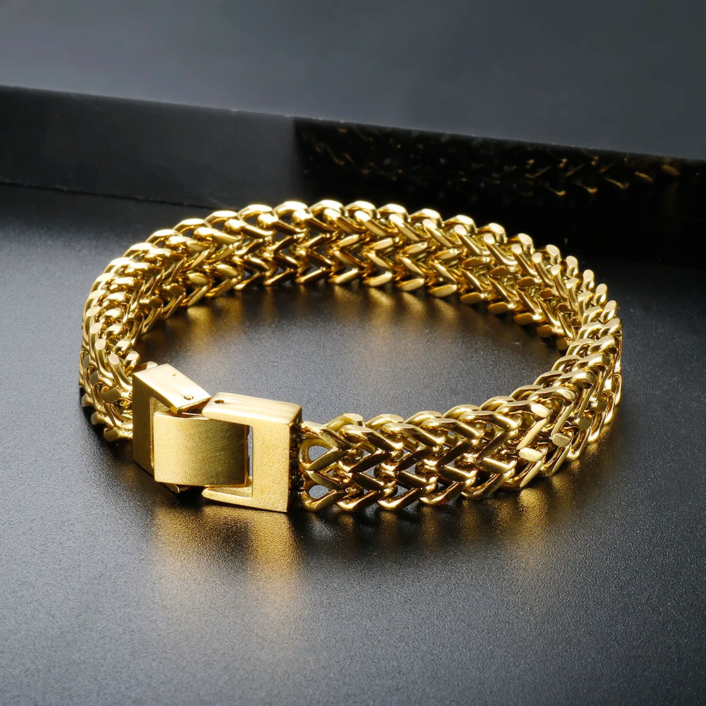 Hip Hop Stainless Steel Chunky Heavy Gold Color Bracelet Thick Texture Link Chain Rock Bracelet for Men Women