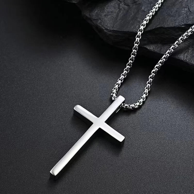 Stainless Steel Cross Necklace for Men Boys,Silver Color Plain Cross Pendant Collar,Hiphop Classic Punk Jewelry Gift