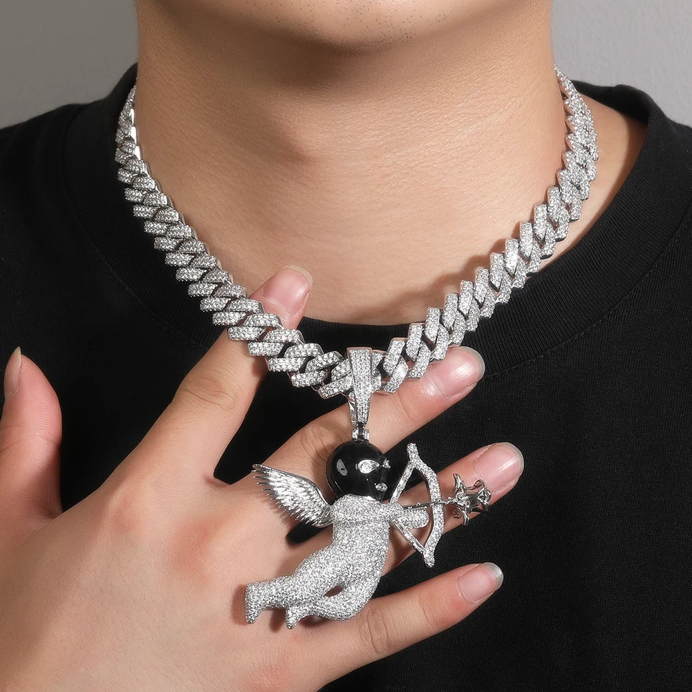 THE BLING KING Iced Full Zirconia Masked Rose Cupid Angel Pendant Necklace Goddess of Love With Arrow 12mm Square Chain Jewelry
