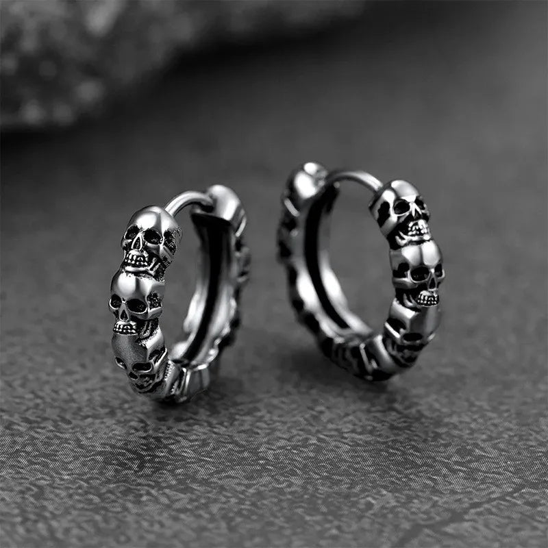 Stacked Skull Hoop Earrings Huggie Circle — Silver-Tone