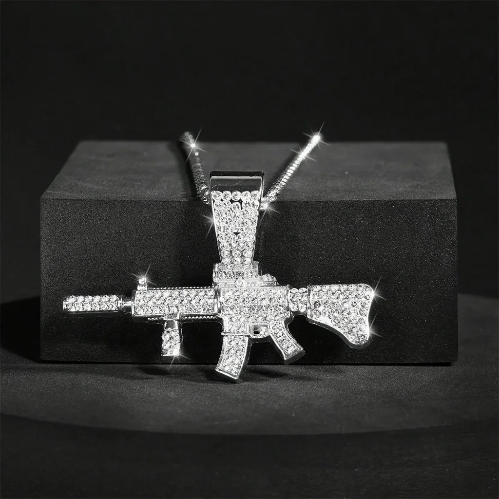 Fashion HipHop Ak47 Submachine Gun Pendant Necklace For Men Crystal Cuban Chain Iced Out Bling Necklace Punk Rock Biker