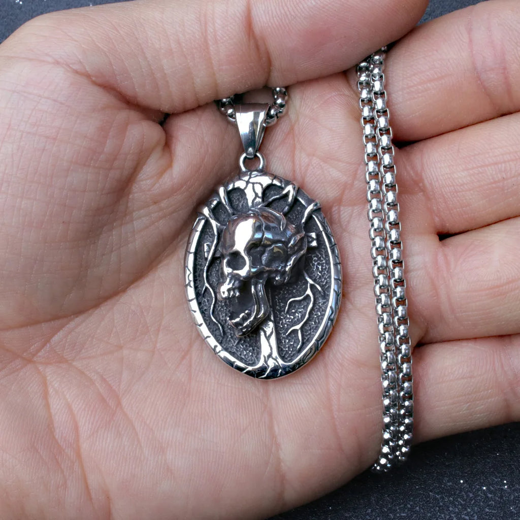 Silver Skull Pendant Necklace Box Chain Stainless