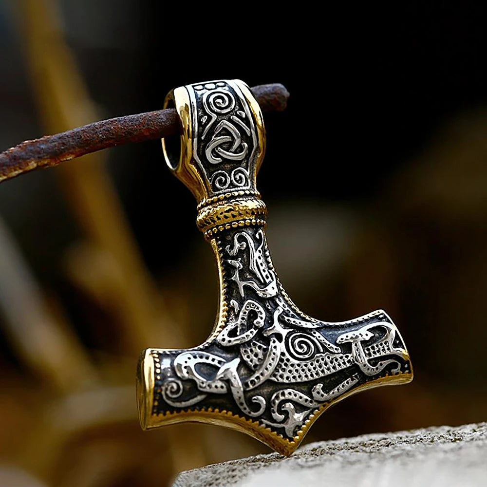 Vintage Stainless Steel Viking Thor's Hammer Pendant Necklace For Men Nordic Celtic Knot Necklace Fashion Jewelry Gift