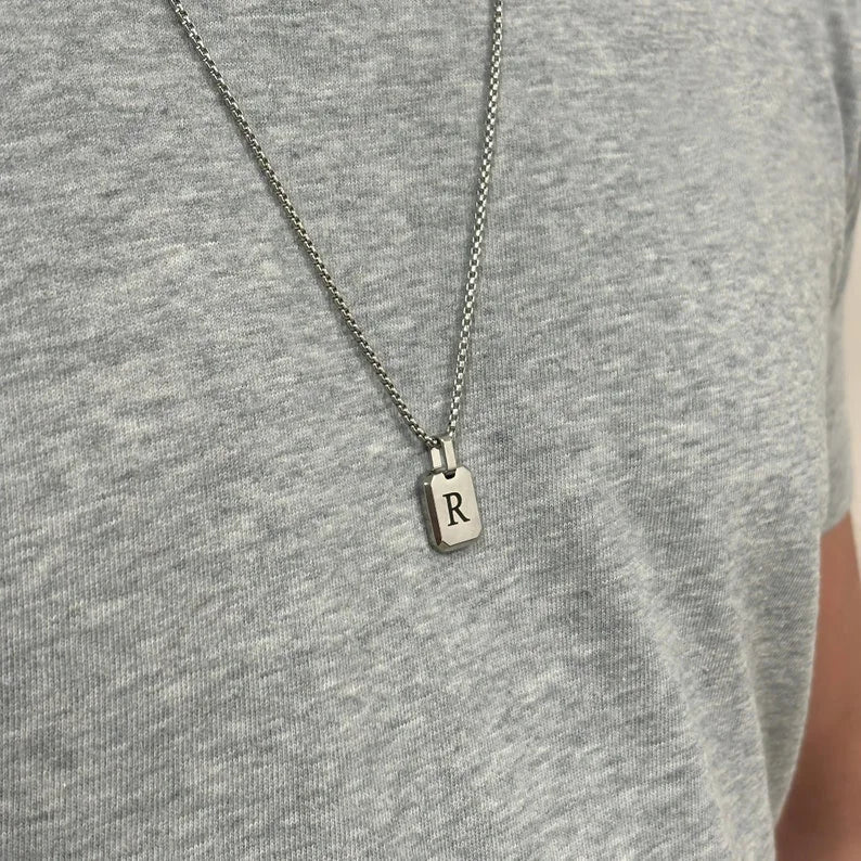 Stylish A-Z 26 Letters Necklace for Men Boys,Waterproof Stainless Steel Square Pendant Necklace,Initals Alphabet Collars Gifts