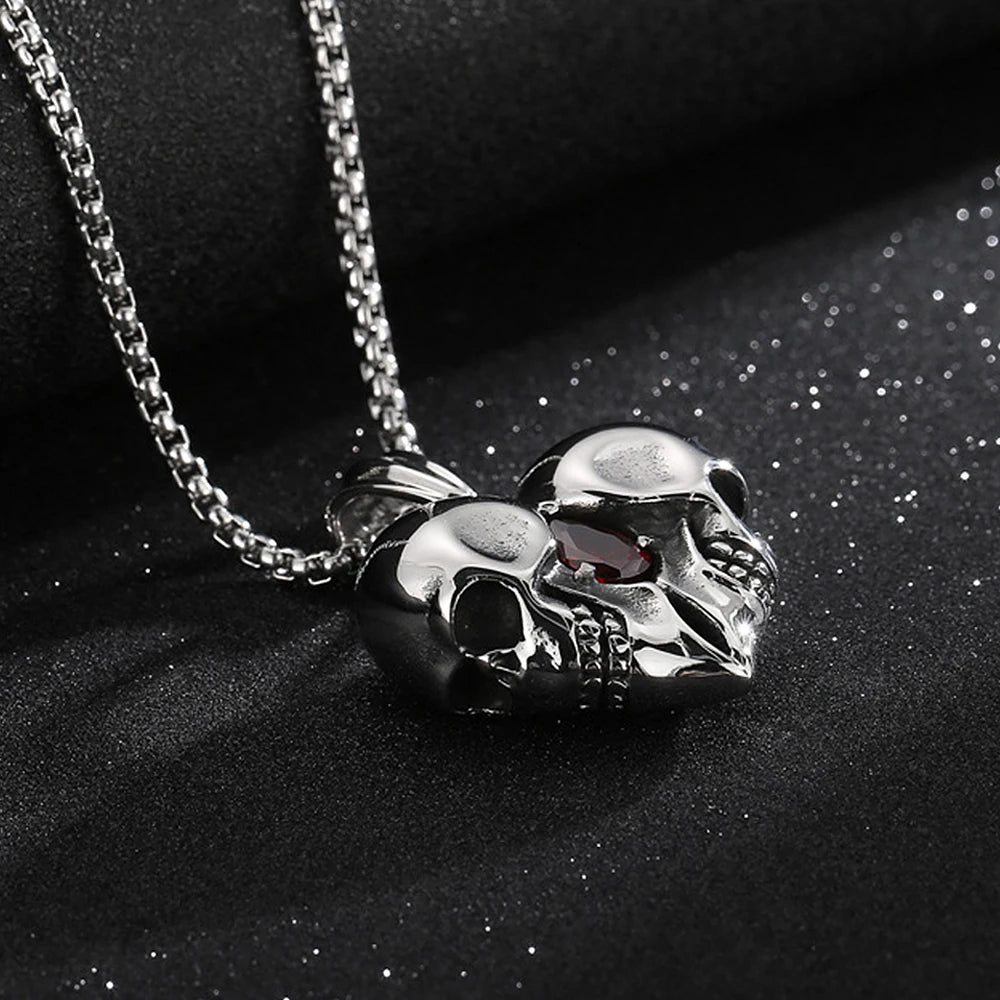 Skull Steel Pendant Punk Vintage Heart Red Stone