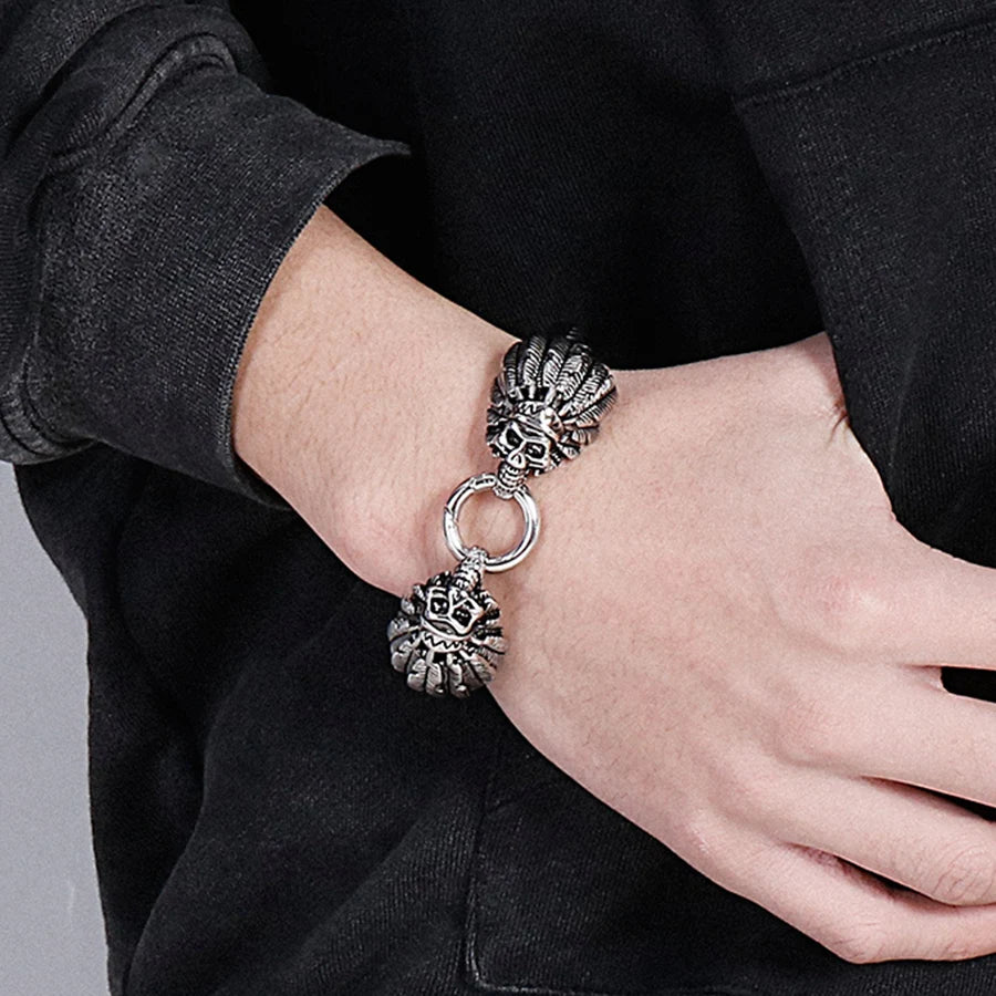 Gothic Punk Style Double Skull Head Bracelet for Men Retro Stainless Steel & Braided Leather Men's Bracelets Jewelry