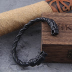 Black Stainless Steel Nordic Viking Norse Dragon Bracelet Men Wristband Cuff Bracelets with Viking Wooden Box