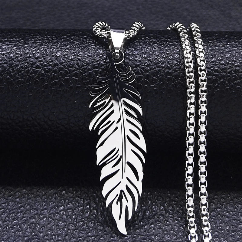 Men's Stainless Steel Feather Pendant Necklace Trendy Fashion Hip Hop Punk Jewelry Accessories Gift For Best Friend