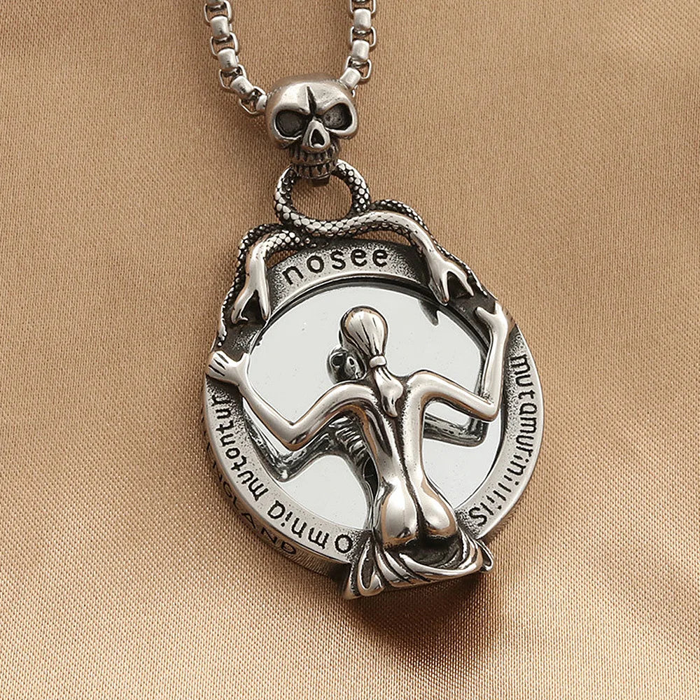 Vintage Stainless Steel Magic Mirror Skull Necklace Pendant Men Women Fashion Silver Color/Gold Biker Snake Necklace