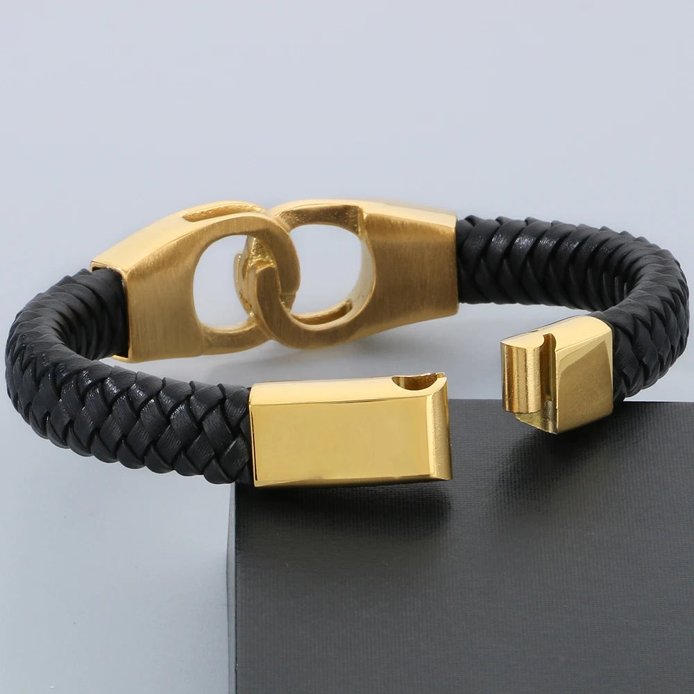Braided Leather Handcuffs Style Men's Wrap Bracelet Stainless Steel Charm Bracelet for Men Gold Color Jewelry Logo