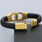 Braided Leather Handcuffs Style Men's Wrap Bracelet Stainless Steel Charm Bracelet for Men Gold Color Jewelry Logo