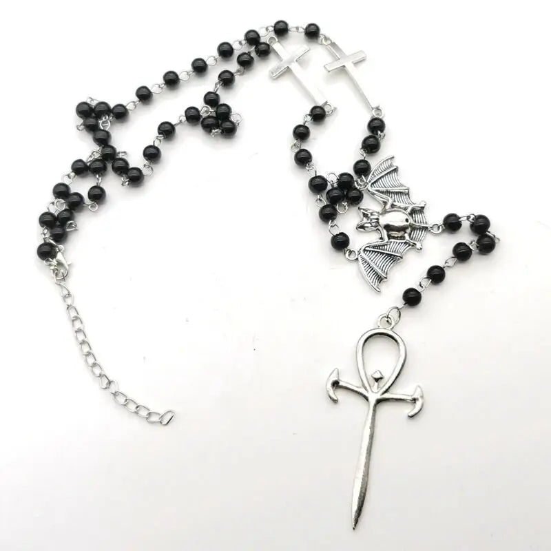 Gothic Bat Cross Rosary Necklace for Women Fashion Mystery Witch Jewelry Accessories Gift Silver Color Bat Charm Vampire Choker