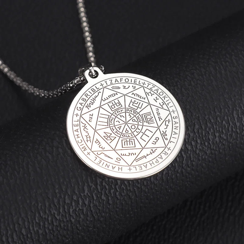 Stainless Steel Solomon Religious Seven Archangels Compass Pendant Necklace Men's Retro Lucky Amulet Jewelry