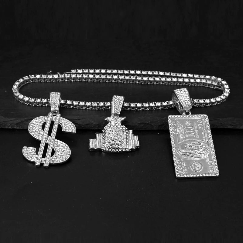 Women Men Hip Hop Jewelry Bling Rhinestone Dollar Sign Money Bag One Hundred Dollar Pendant For Iced Out Necklace Jewellery