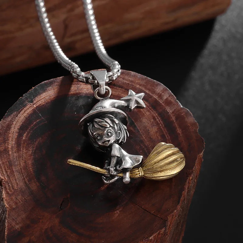 Gold Star Witch Pendant Necklace Retro