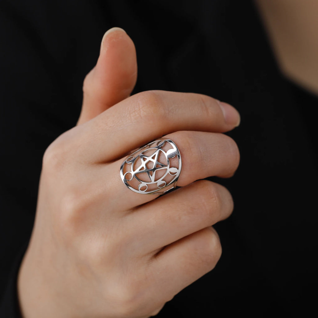 Moon Phase Pentagram Adjustable Ring — Stainless Steel