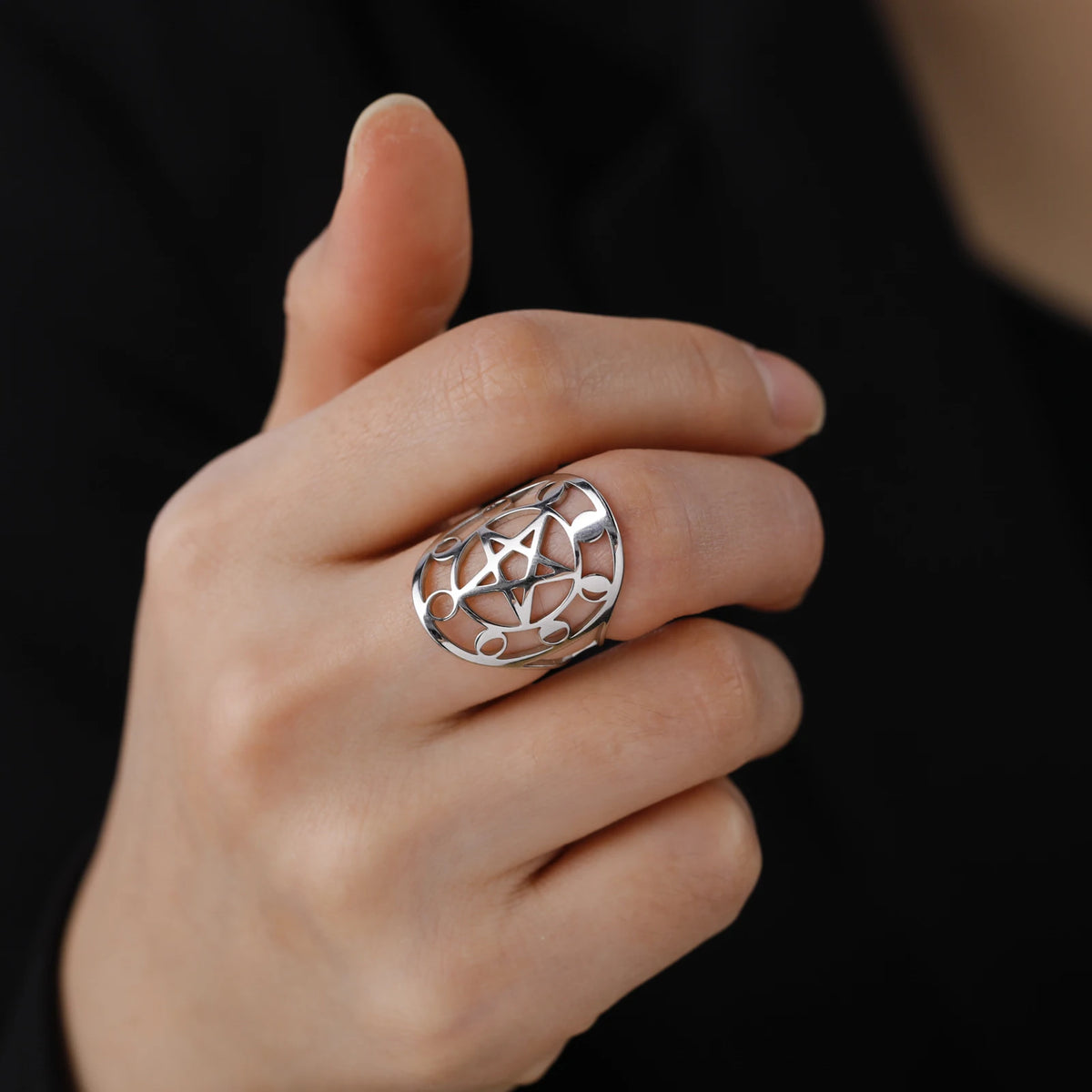 Moon Phase Pentagram Adjustable Ring — Stainless Steel