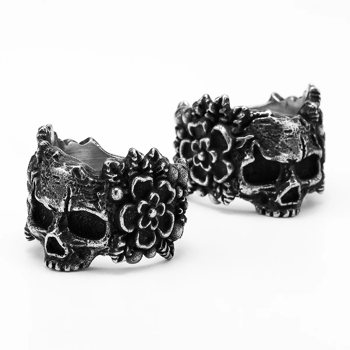Flower Skull Ring Black — Stainless Steel