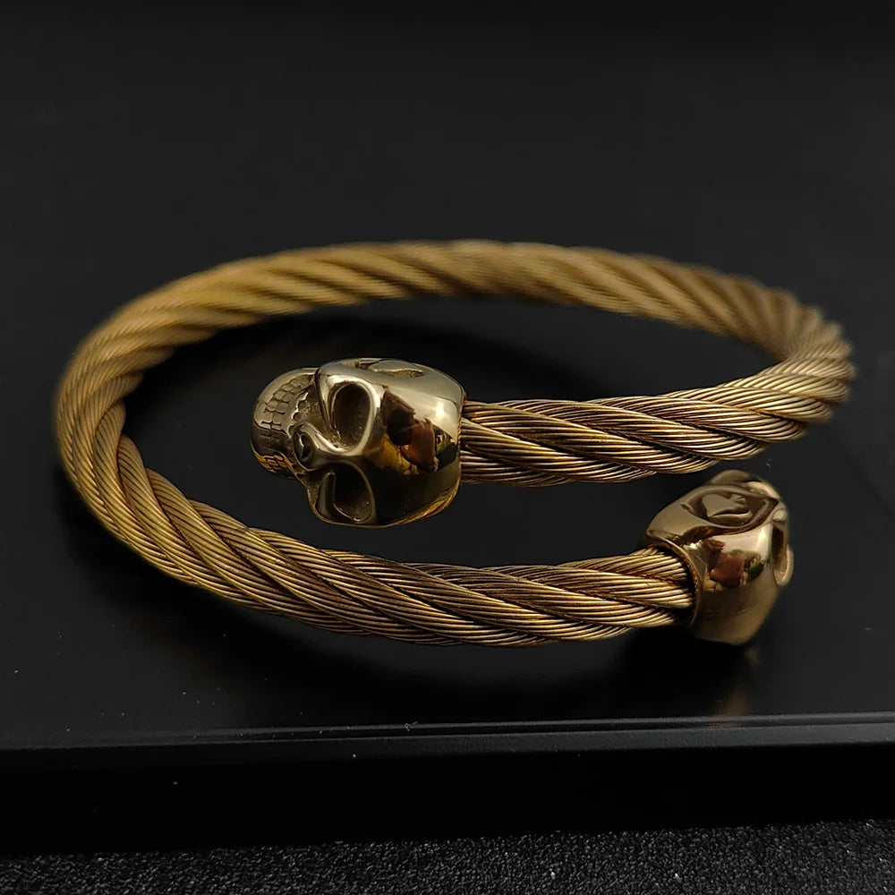 New Fashion Bracelet for Men Double Skull Bangles Open Cuff Bracelets Stainless Steel Braided Wrap Bangle Jewelry Pulsera