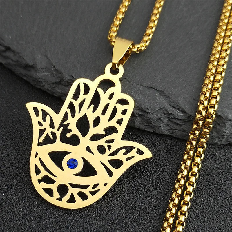 Hollow Fatima Hamsa Hand Pendants Necklace Stainless Steel Gold Color Luck Hand Palm Blue Turkey Eye Necklacse Jewelry Collares