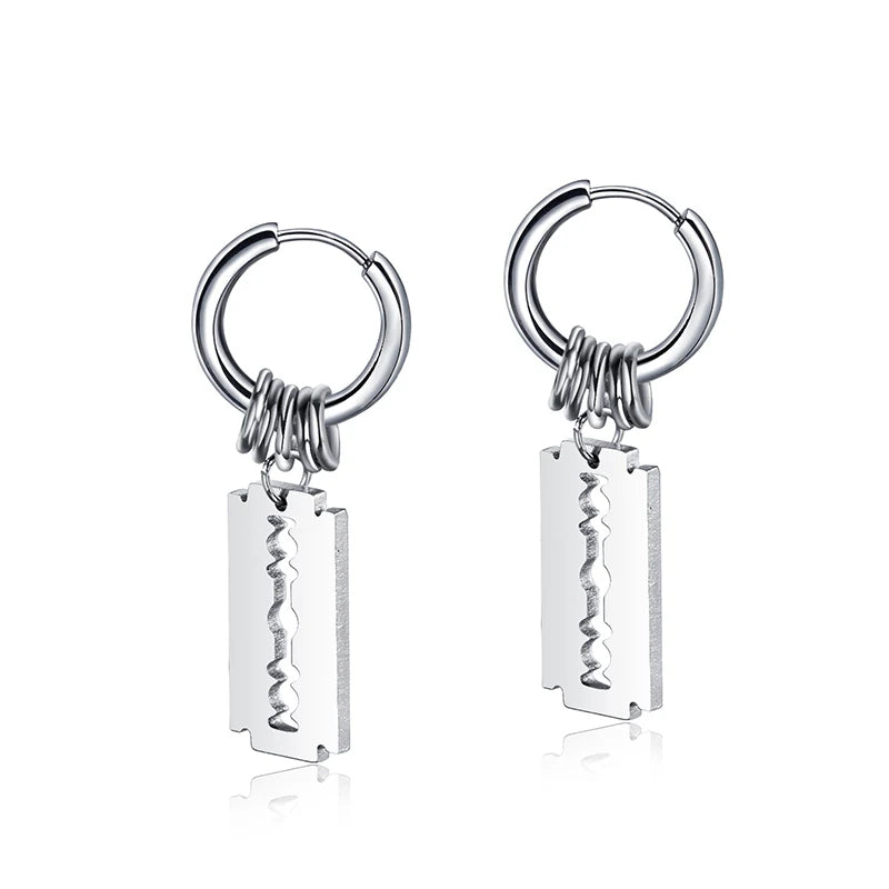 Fashion Stainless Steel Blade Earrings Vintage Razor Hollow Drop Earrings Women Men Punk Jewelry Hip Hop Street Dangle