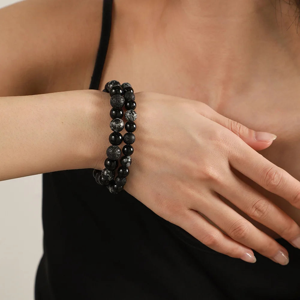 Vintage Dark Tone Natural Stone Bracelet, Matte Black Onyx Mixed Snowflake Obsidian Beaded Bracelet, Trendy Gothic