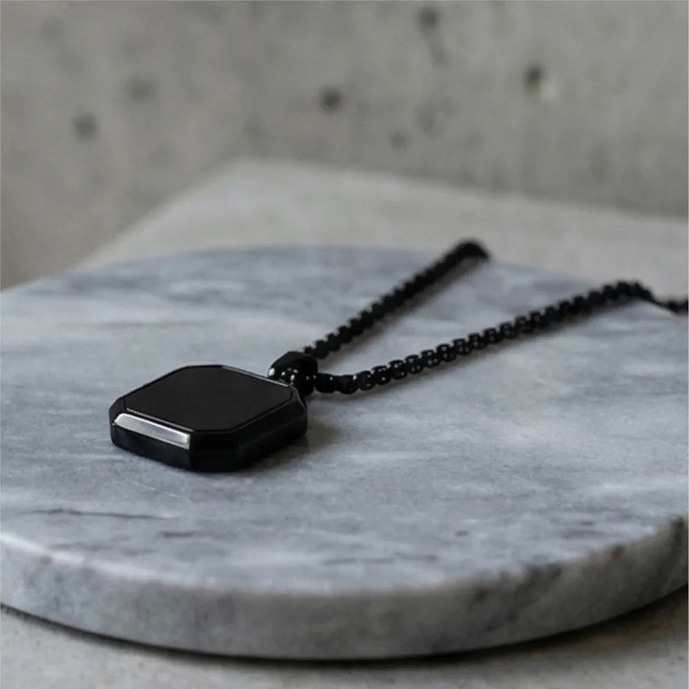 Punk Style Black Square Pendant Necklace For Men Women Hip Hop Stainless Steel Gold Color Neck Chain Rock Jewelry Cool Fashion