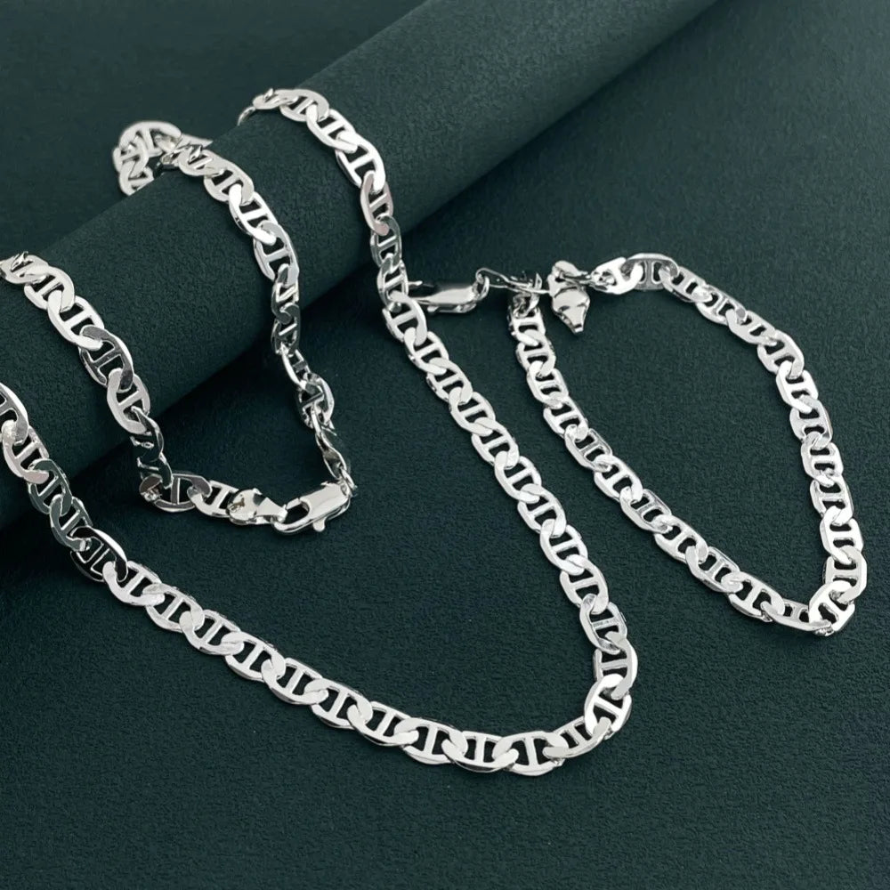 Silver-Tone 6MM Mariner Chain Necklace Bracelet Set