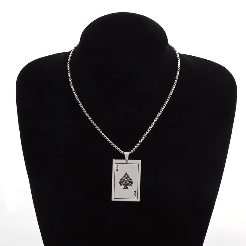 Lucky Spades Ace Playing Card Pendant Stainless Steel Casino Fortune Playing Card Necklace Men's Rock Punk Jewelry Gift