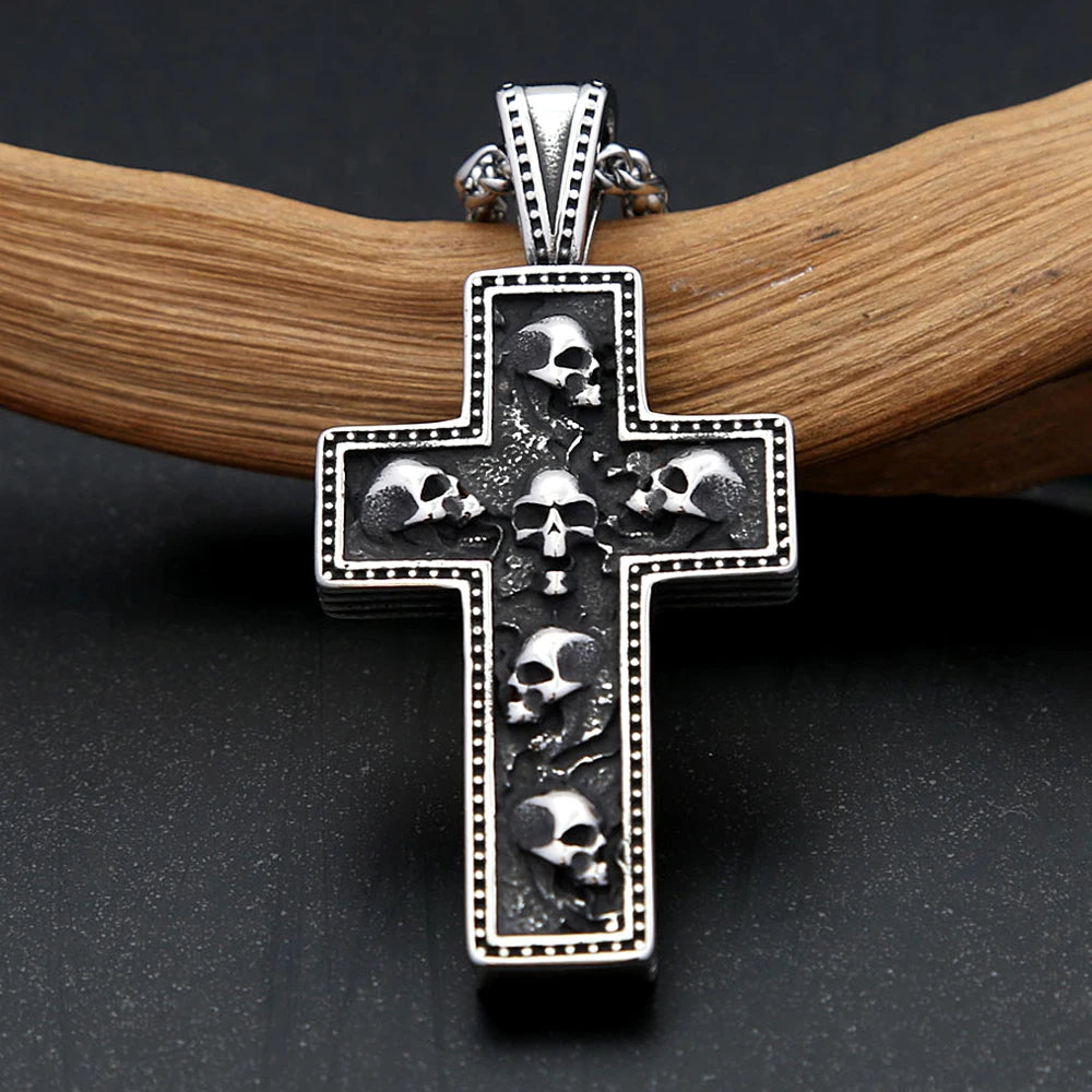 Unisex Multi Skull Cross Stainless Steel Pendant Necklace Gothic Dark Religious Skeleton Totem Jewelry Daily Punk Fashion Gift