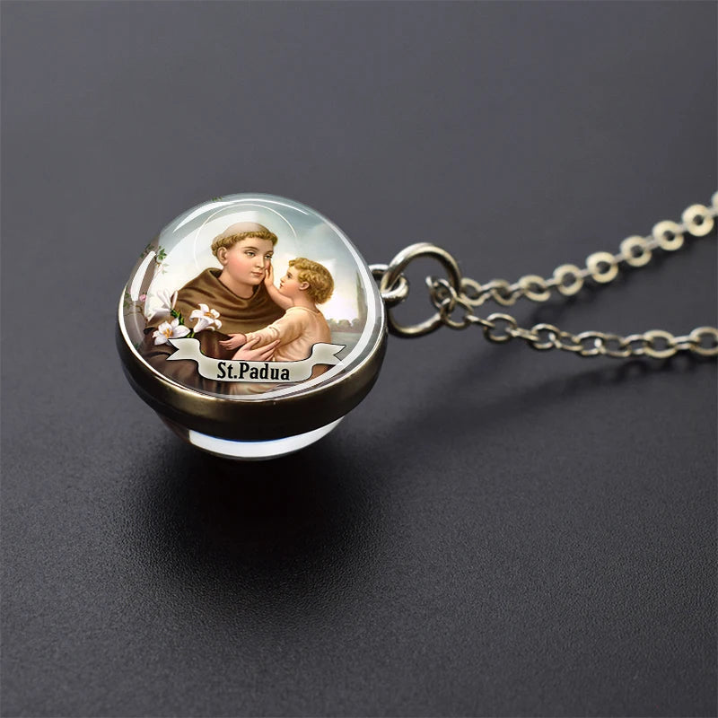 Jesus and Virgin Mary Necklace Saint Michael Jude Anthony Patrick Paul Glass Ball Pendant Religious Jewelry Christian Gift