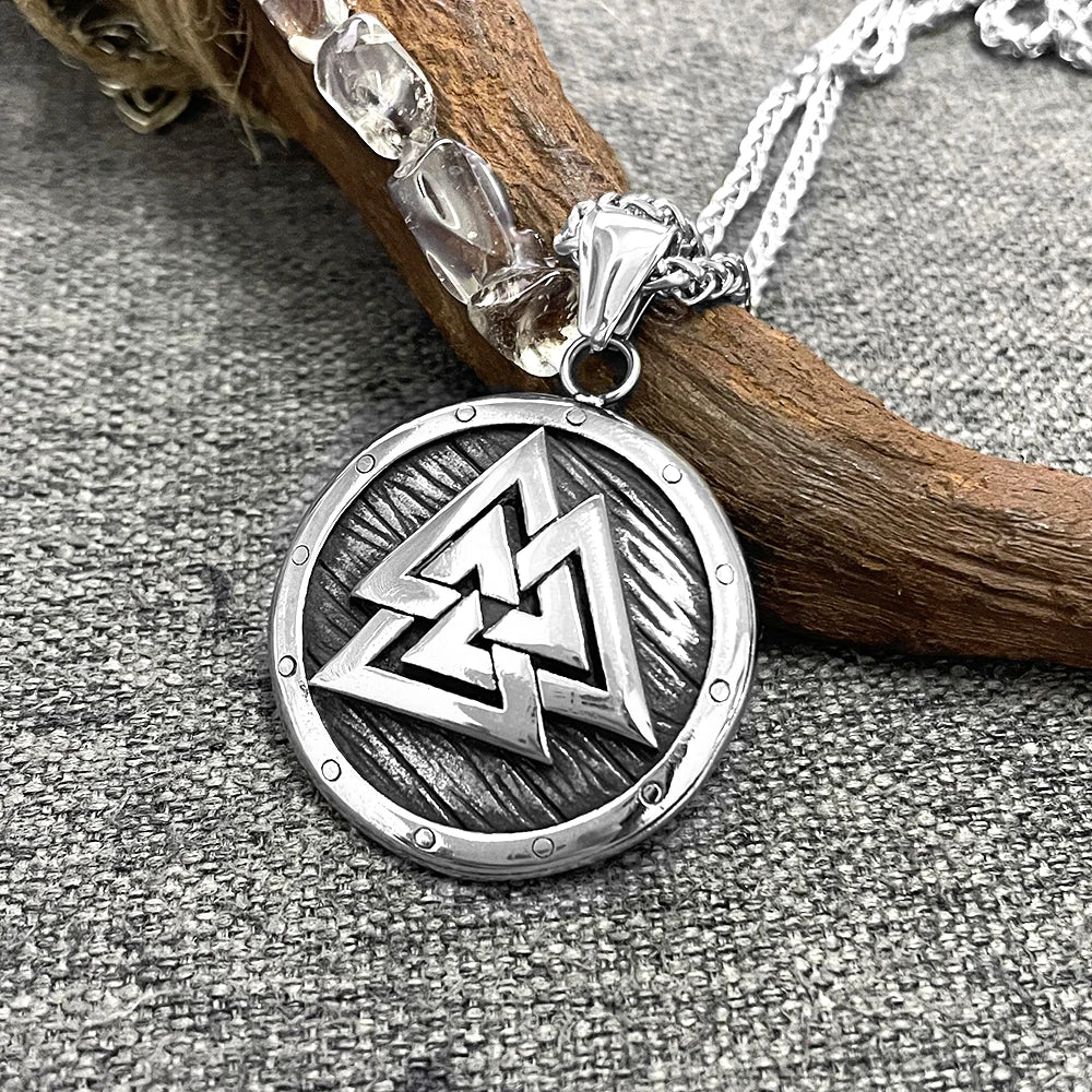 Norse Mythology Valknut Vikings Shield Necklaces Men's Vintage Nordic Runes Amulet Pendant Stainless Steel Scandinavian Jewelry
