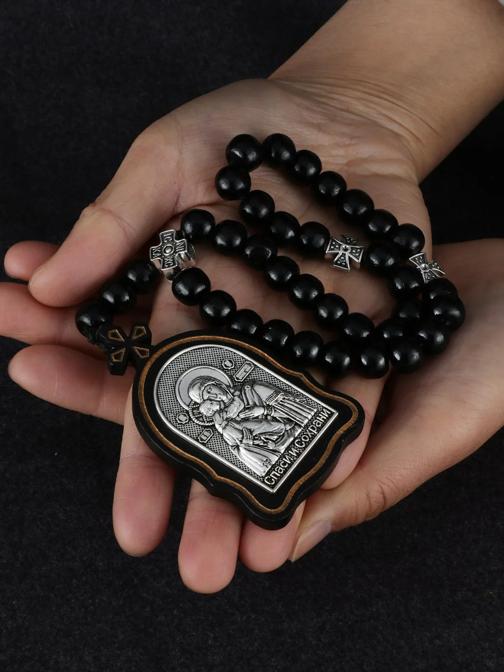 Russian Orthodox Icon Wood Rosary Pendant Necklace Prayer Beads