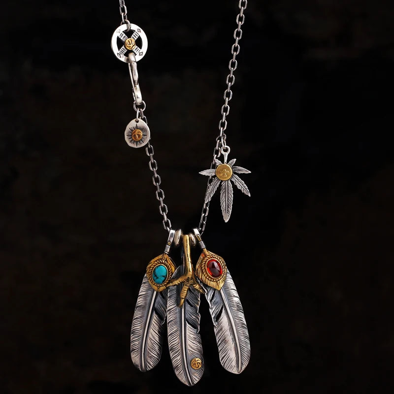 HX Silver Color Taiko Chain Set Chain Style Turquoise Feather Necklace Women's Sweater Chain Fashion Jewelry Accessories