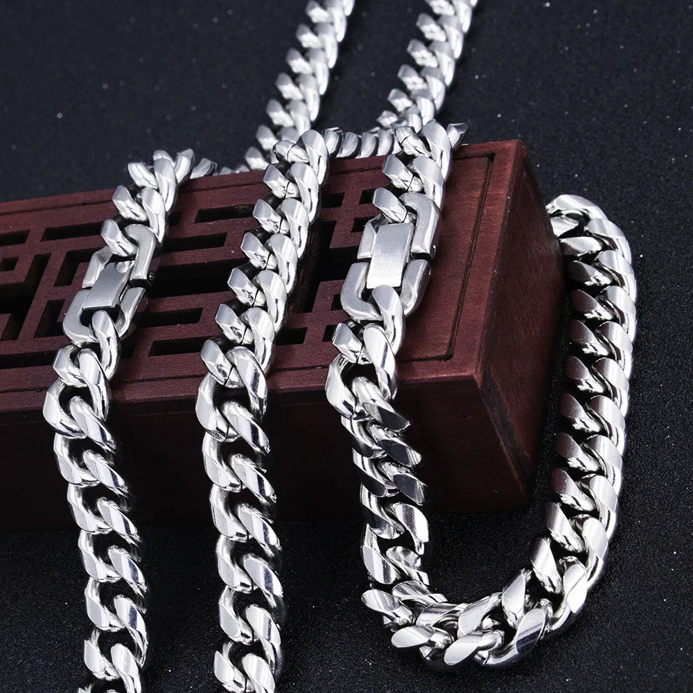 HNSP 316L Stainless Steel Double Cuban Link Chain Necklace For Men 8MM-12MM Thick Heavy Punk Biker Style Accessories Male Gift