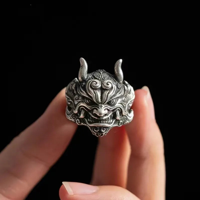 Retro Mahakala Mask Ring For Men Silver Color Punk Gothic Rock Hiphop Adjustable Open Ring Jewelry Biker Accessories