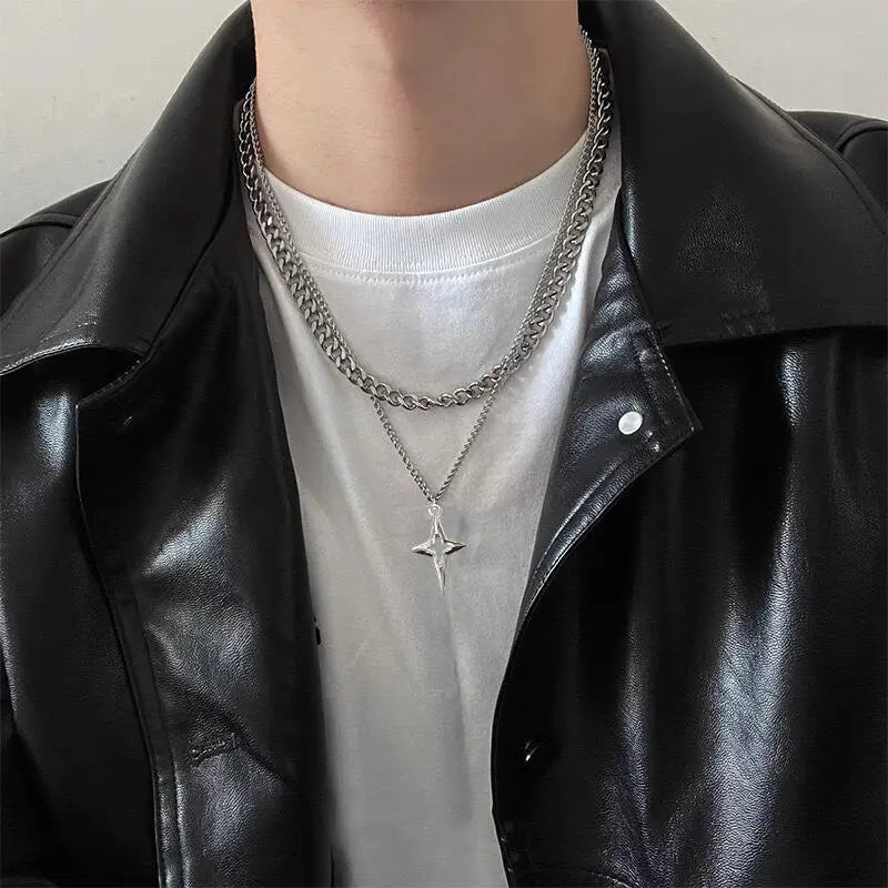 Personalized Punk Cross Star Chain Double Layer Necklace For Men Women Y2K Fashion Trend Rock Party Grunge EMO