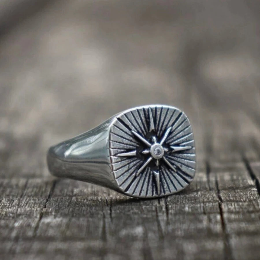 Nautical Biker CZ North Star Compass Signet Ring For Men Hip Hop Punk Cross Stainless Steel Vintage Party Jewelry
