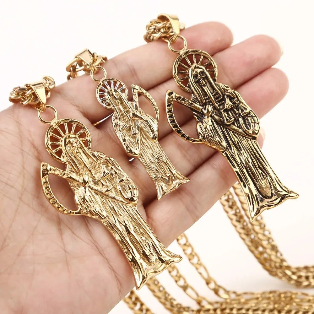 Witaya Classic New Retro Death of Angel Santa Muerte Mens Pendant Necklace 316L Stainless Steel Jewelry Men Party Gift
