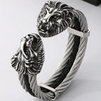 Gothic Elastic Double Lion Face Head Open Cuff Bangle Bracelet For Man Stainless Steel & Leather 12MM Twist Chain Mens