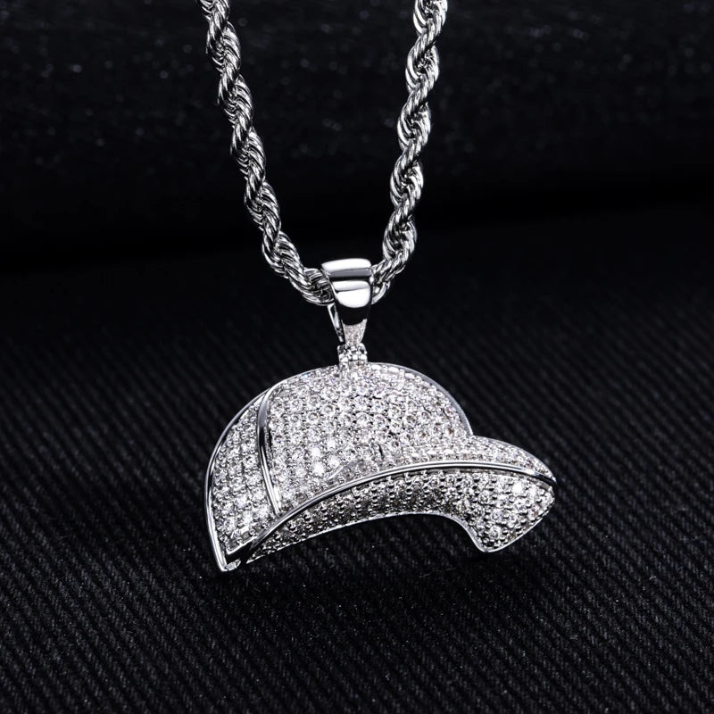 Iced Out Baseball Cap Pendant Necklace — Gold-Tone