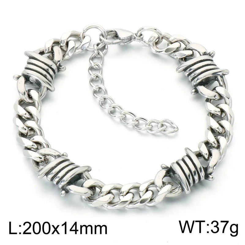Kalen Vintage Stainless Steel Twisted Barbed Wire & Wrapped Cuban Bracelet Men‘s Adjustable Gothic Punk Women’s Wrist