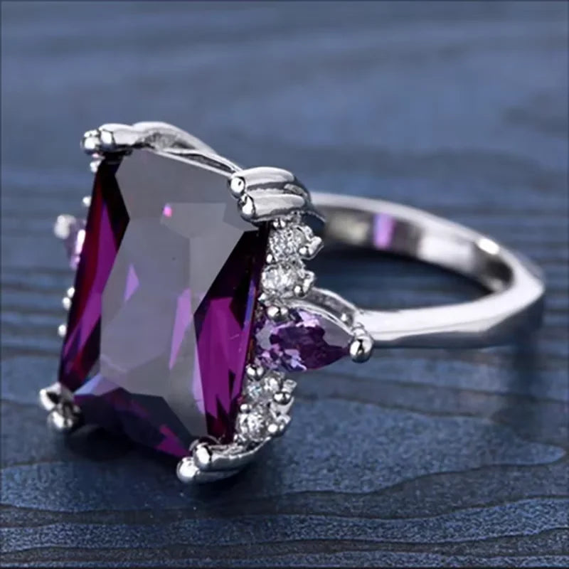 High Quality Silver Color Purple Crystal Cubic Zircon Rhinestone Female Ring for Women Party Jewelry Accessories