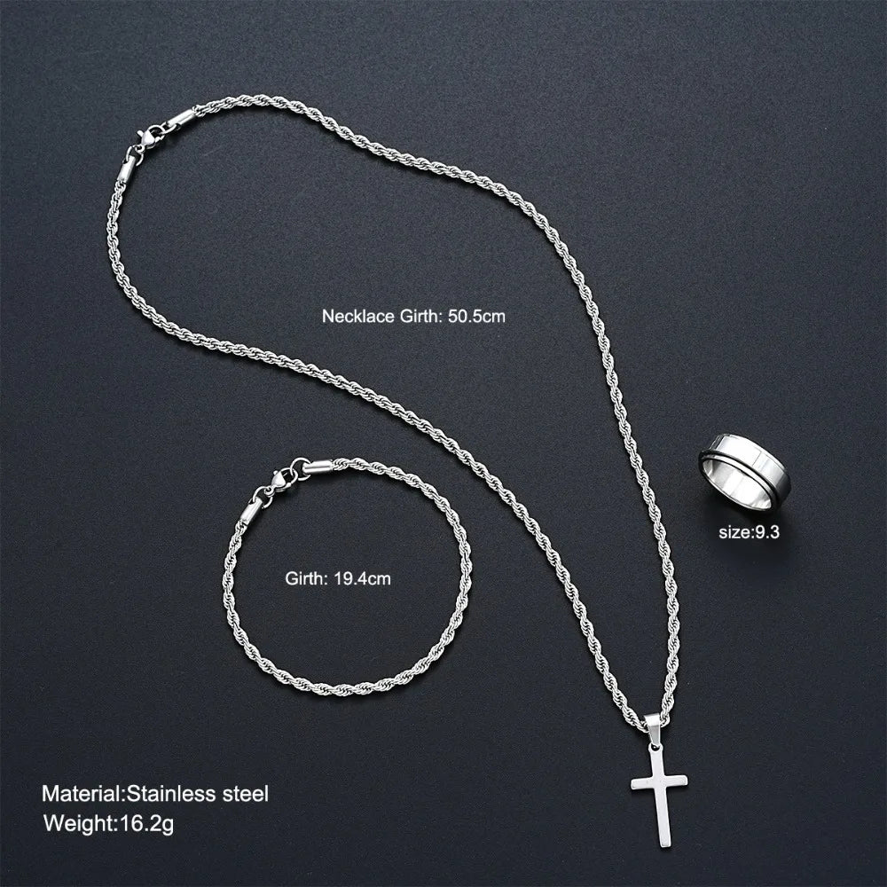 3pcs Set Simple Personality Smooth Surface Stainless Steel Cross Pendant Necklace Bracelet Ring for Women Men Jewelry Sets Gifts