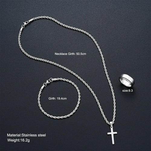 3pcs Set Simple Personality Smooth Surface Stainless Steel Cross Pendant Necklace Bracelet Ring for Women Men Jewelry Sets Gifts