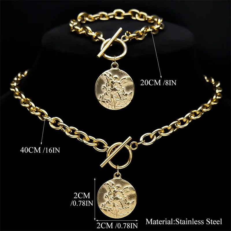 Saint Michael Angel Necklace Bracelet Set — Gold