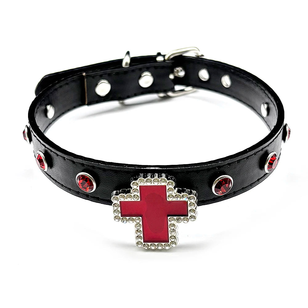 Gothic Cross Leather Choker Necklace