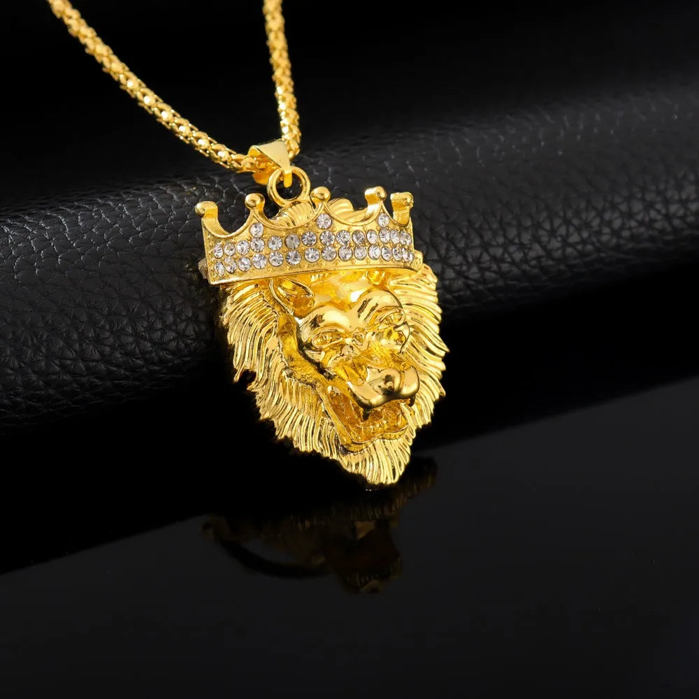The Lion Head Alloy Men's Necklace Personality Crown Lion Hip Hop Rock Pendant Punk Fashion Jewelry Accessories